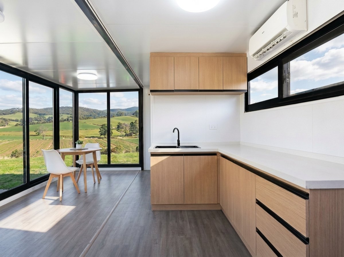 Furnished living area with bed and kitchen