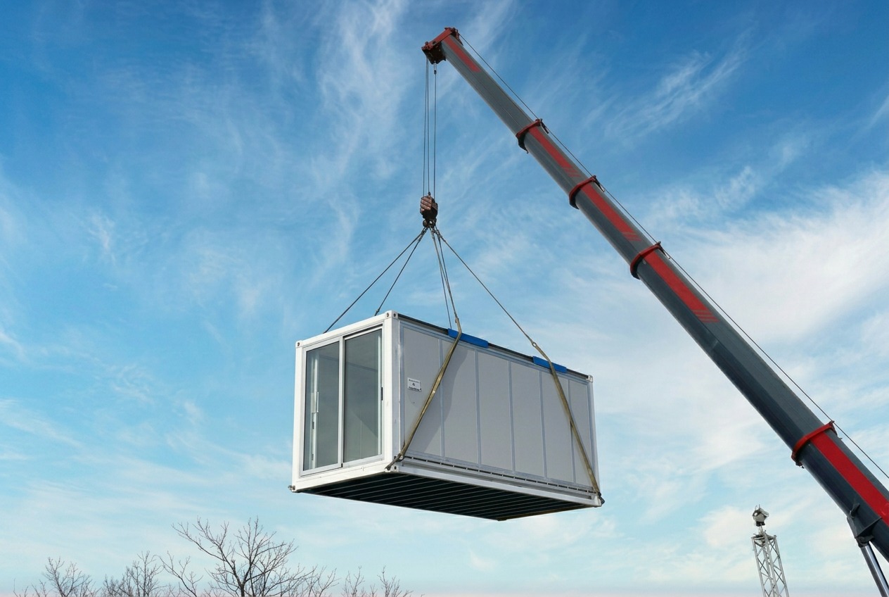 A portable cabin craned into position against a blue sky