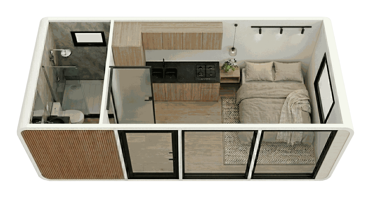 Sylvia floorplan — open-plan layout with kitchen and bathroom