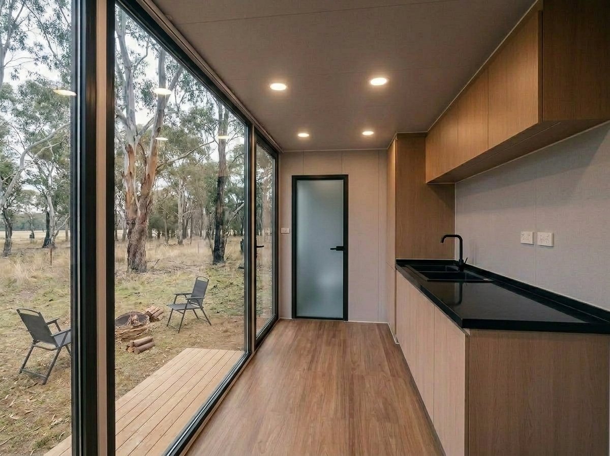 Sylvia kitchen with full-height glazing onto the outdoors
